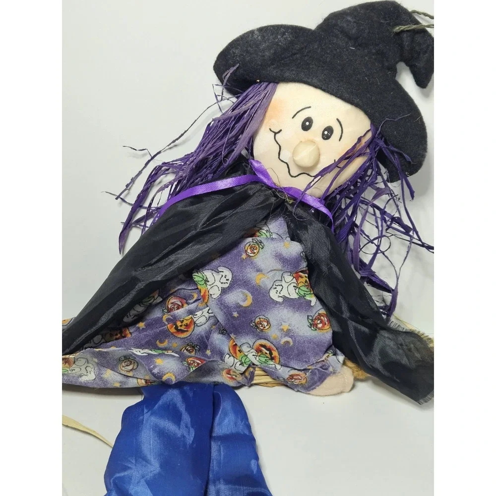 Flying Witch Hanging Decoration Straw Broom Black Cat Halloween Plush Folk Art